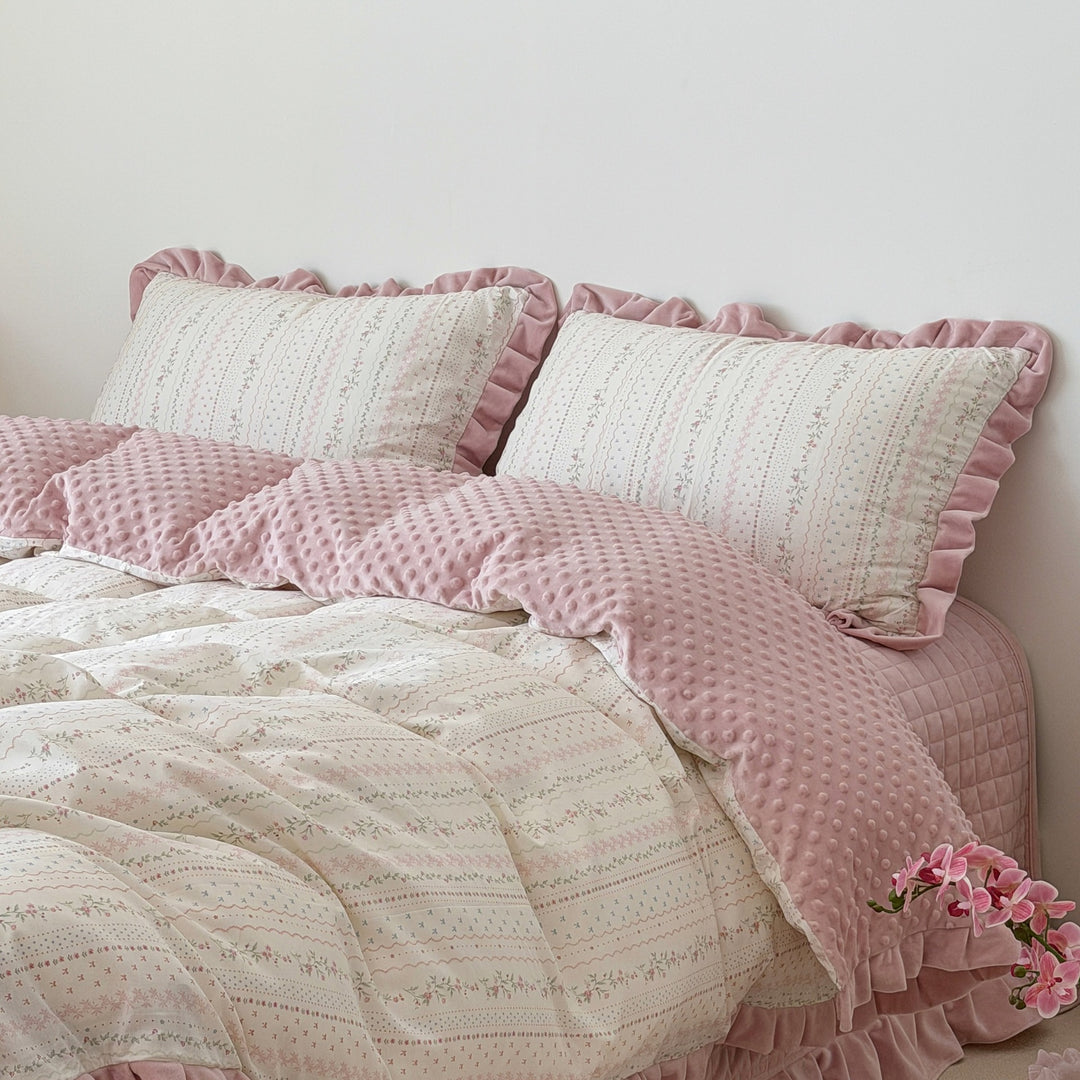 Floral Cotton Duvet Cover Set with Velvet-Trimmed Ruffled Shams and Plush Minky Throw