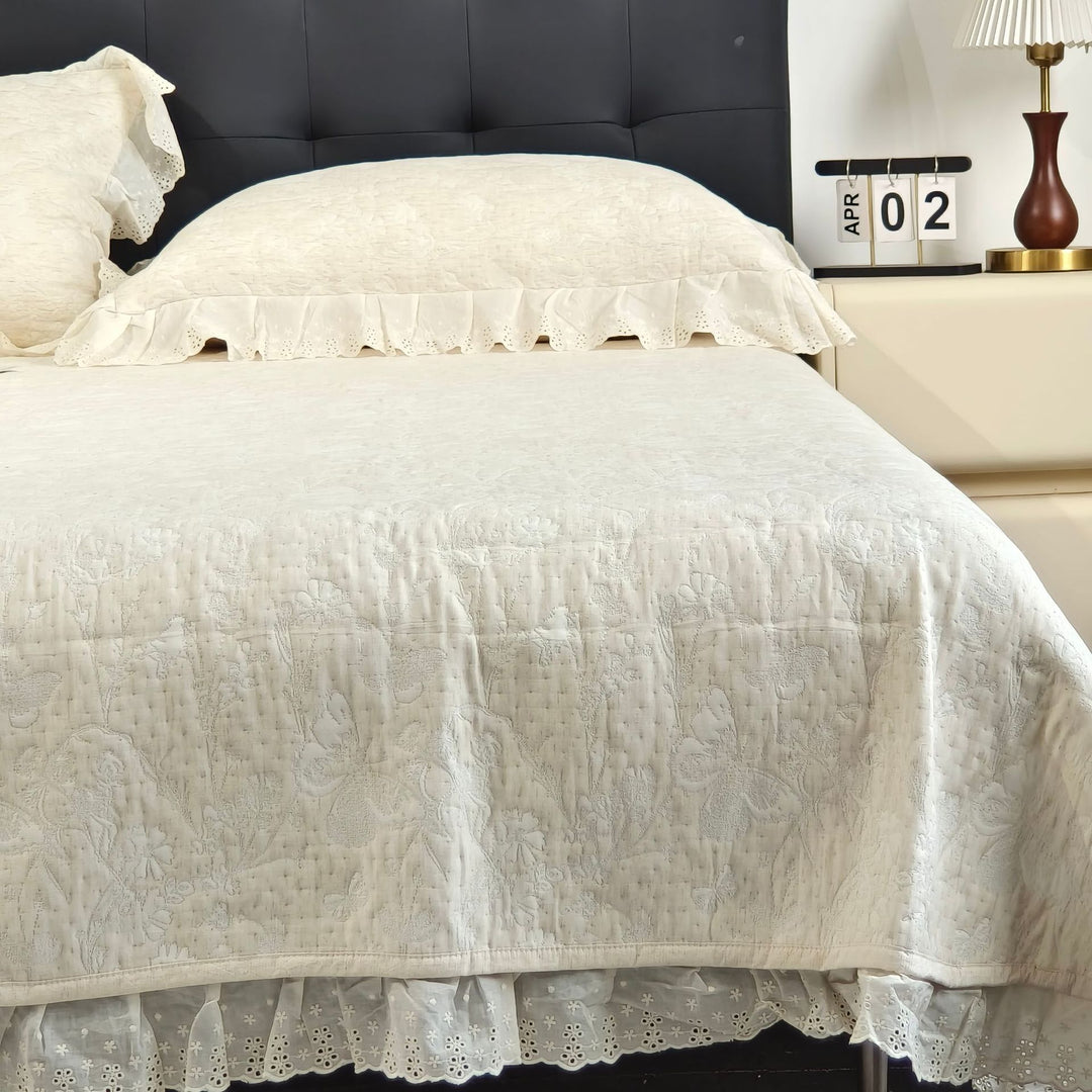Quilted Cotton-Blend Coverlet Set with Eyelet Lace Ruffled Pillow Shams