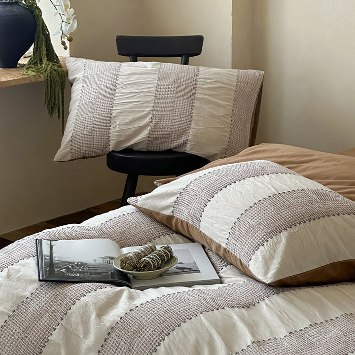 Luxury Washed Cotton-Linen Duvet Cover Set with Woven Stripe Accents