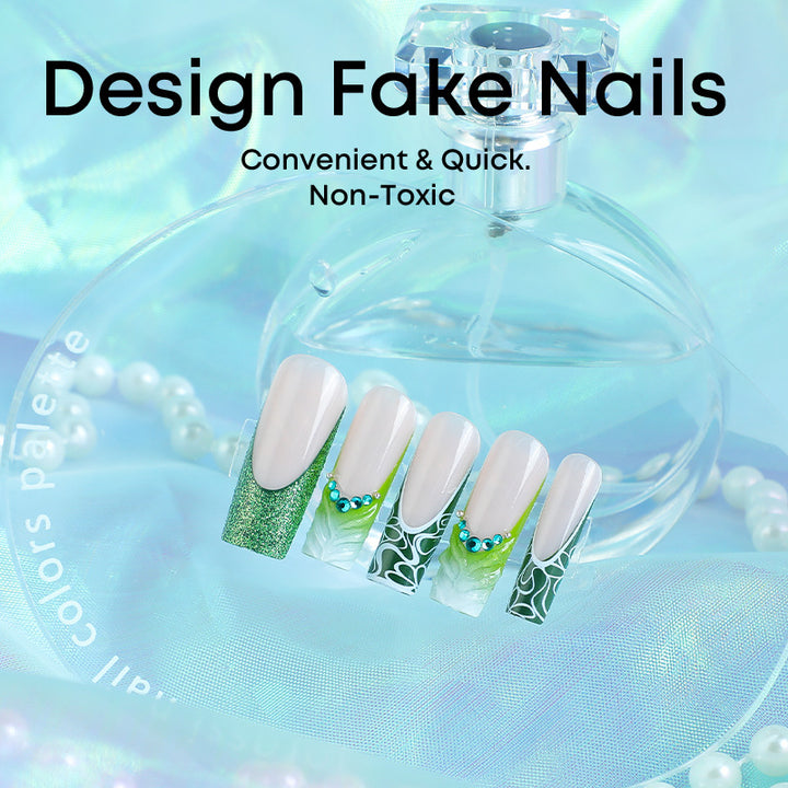 Artificial nail set with elegant glitter and specific designs Stornfield