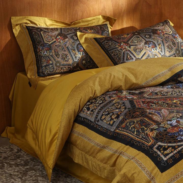 Ornate Mosaic-Print Cotton-Sateen Duvet Cover Ensemble with Solid Sateen Border & Pillow Shams