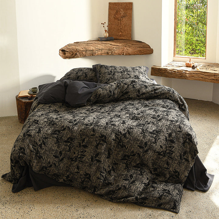 Luxury Breathable Linen Duvet Cover Set with Botanical Jacquard Texture