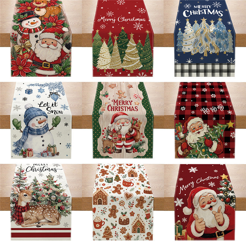 Festive Christmas Table Runner with Santa, Snowman & Reindeer Illustration