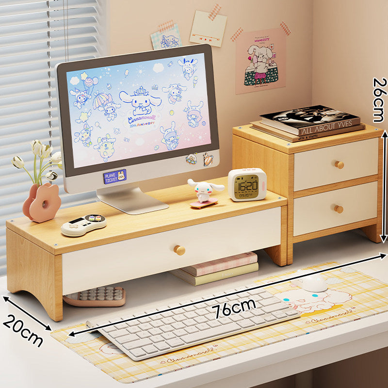 Wooden Dual-Drawer Monitor Riser Desk Organizer