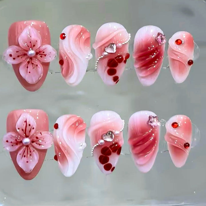 Artistic Press-On Nail Set with Floral and Gem Details