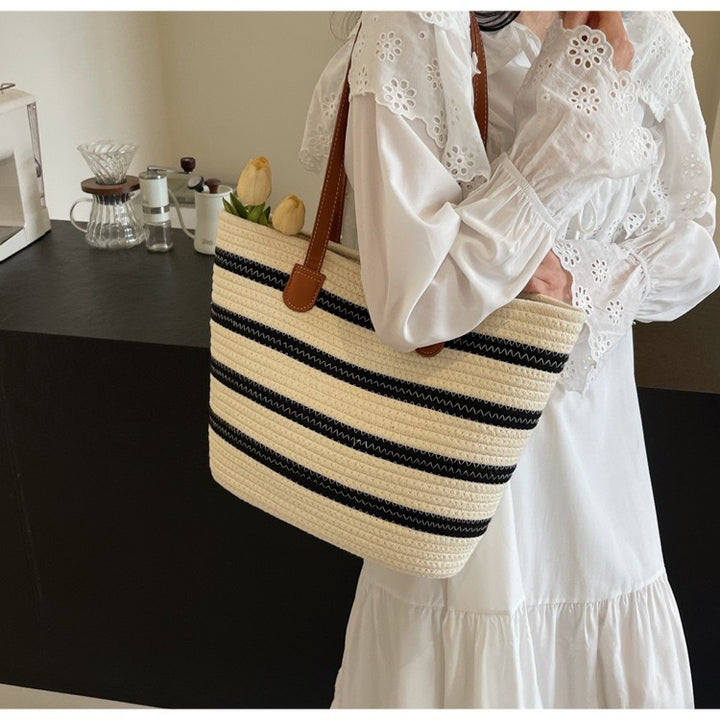 Fashion shopping bag with textured wicker design and leather handles Stornfield