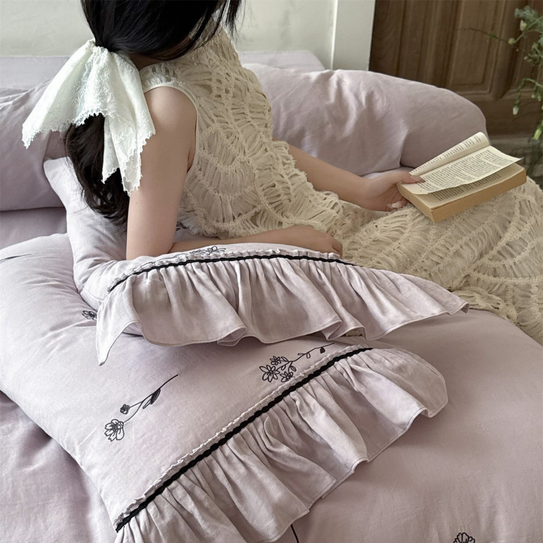 Embroidered Organic Cotton Duvet Cover and Ruffle Pillowcase Set