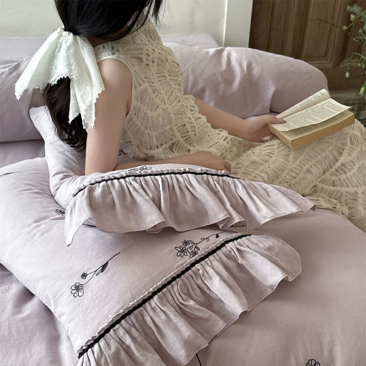 Embroidered Organic Cotton Duvet Cover and Ruffle Pillowcase Set
