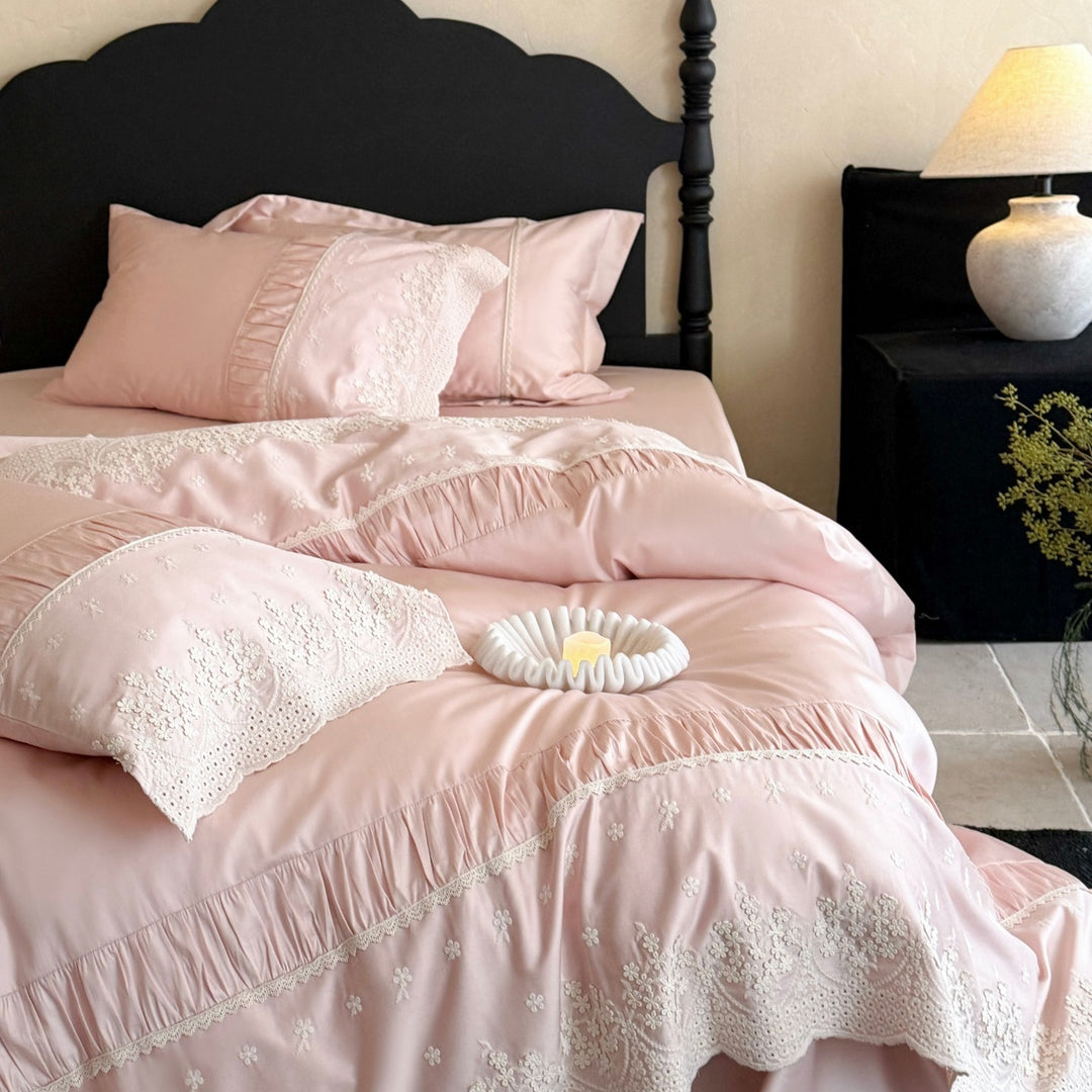 Embroidered Ruffle Lace Duvet Cover Set