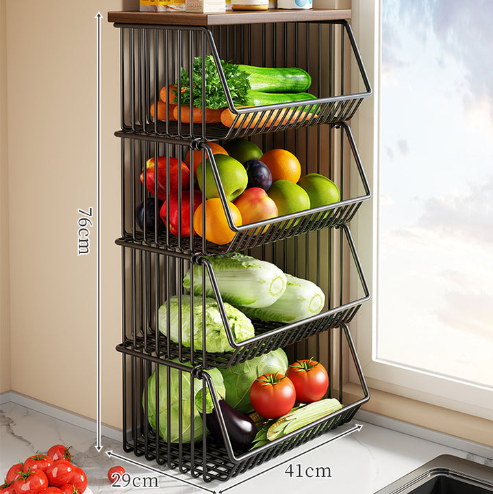 Countertop Wooden-Top Metal Wire Produce Storage Basket with Front-Tilt Access
