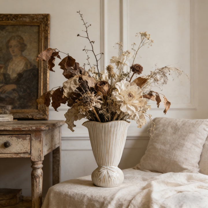 Hand-glazed Ribbed Woven Ceramic Decorative Vase with Sculpted Ball Base