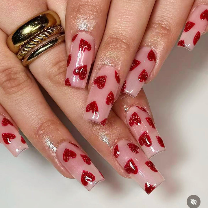 Artificial nail set with romantic heart motif and glitter Stornfield