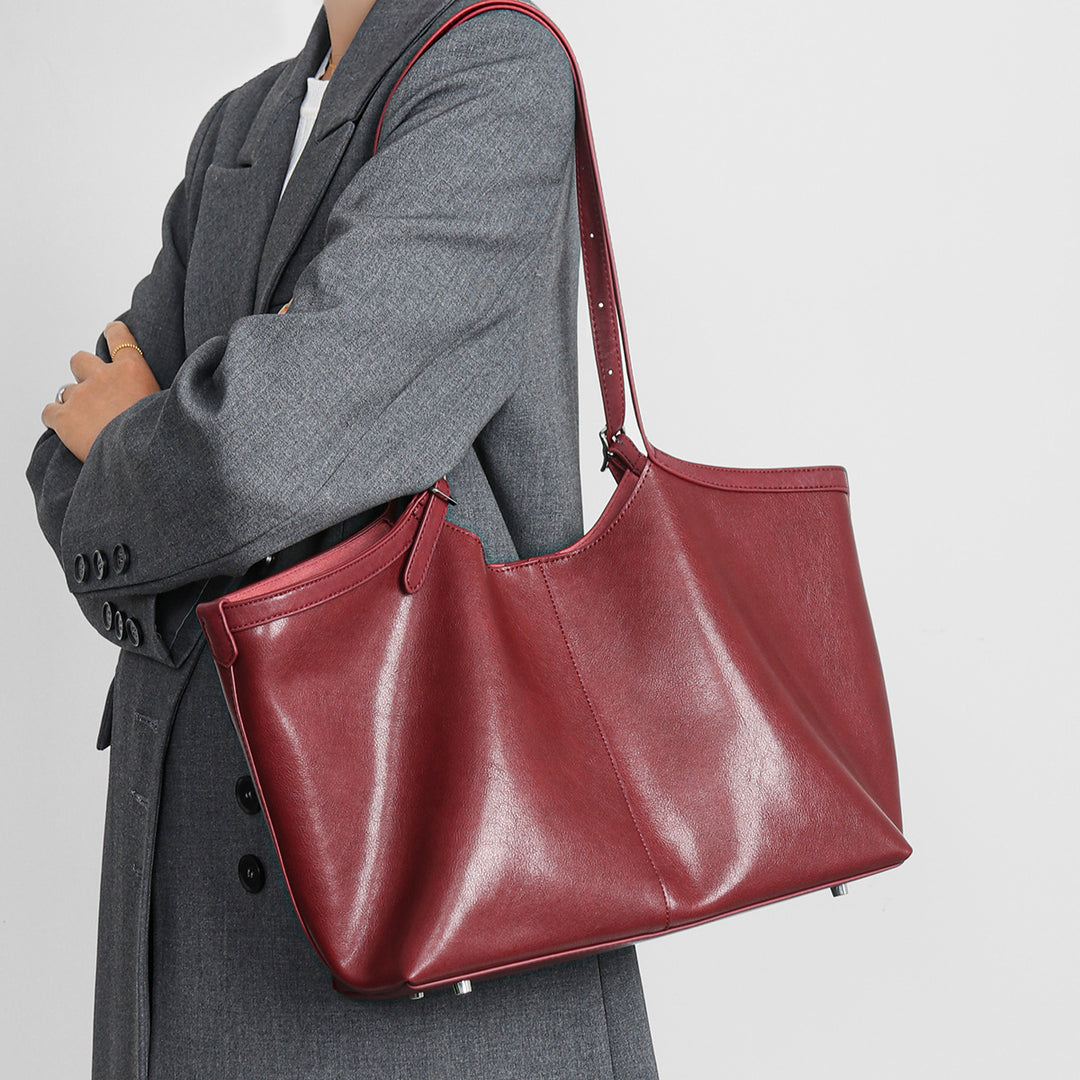 Glossy Smooth Leather-Look Shoulder Tote with Adjustable Buckle Straps & Metal Feet