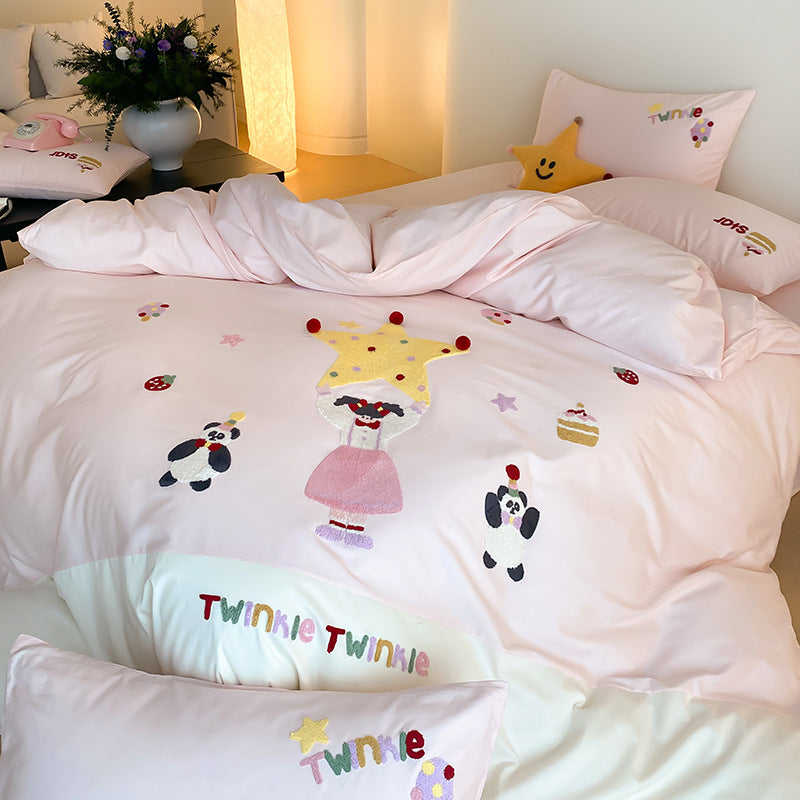 Embroidered Cotton Kids Duvet Cover Set with Appliqué Twinkle Motif and Pillow Shams