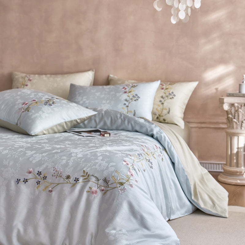 Botanical Jacquard Cotton Sateen Duvet Cover Ensemble with Delicate Sprig Embroidery and Envelope Pillowcases