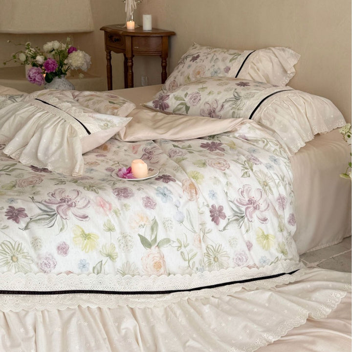 Floral Ruffled Duvet Cover Set with Layered Bedskirt and Pillow Shams