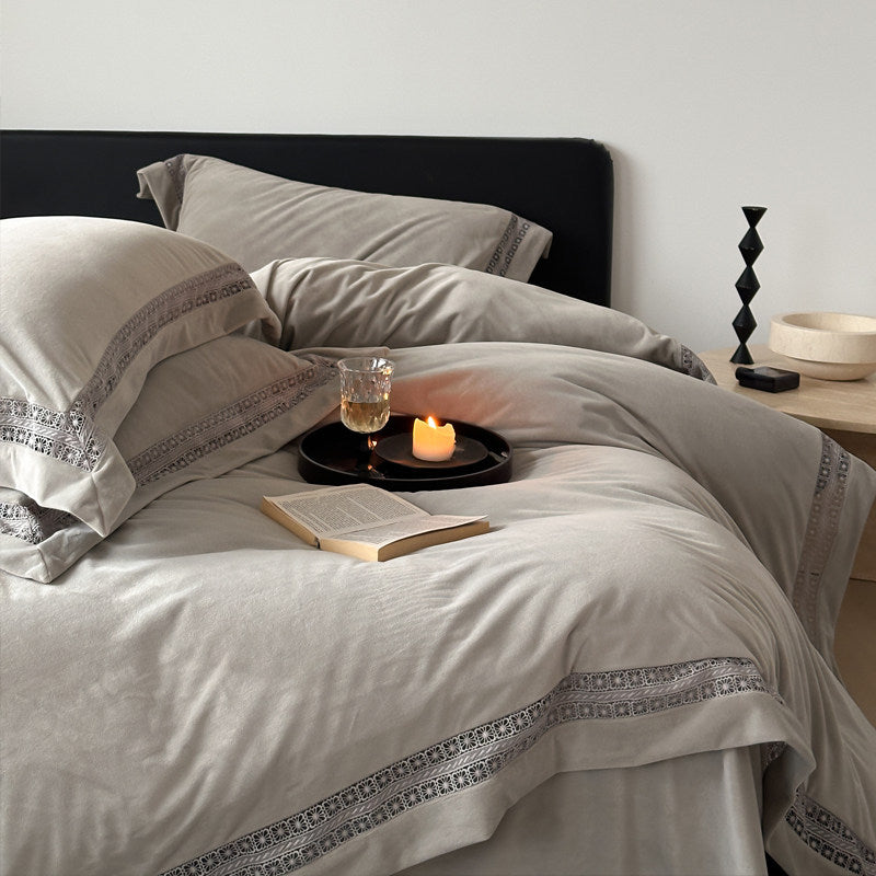 Luxury Brushed Velvet Duvet Cover Set with Lace-Inset Border