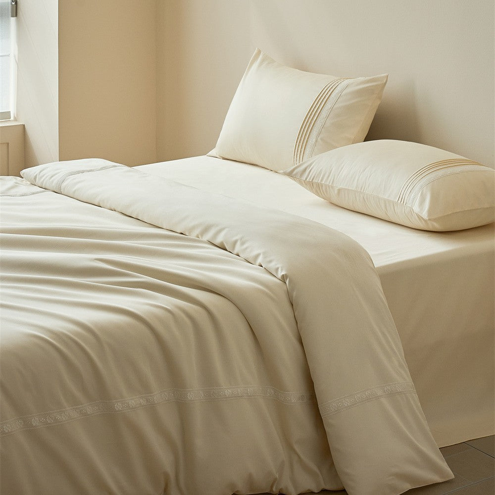Luxurious cotton satin bedding set with fine lace trim