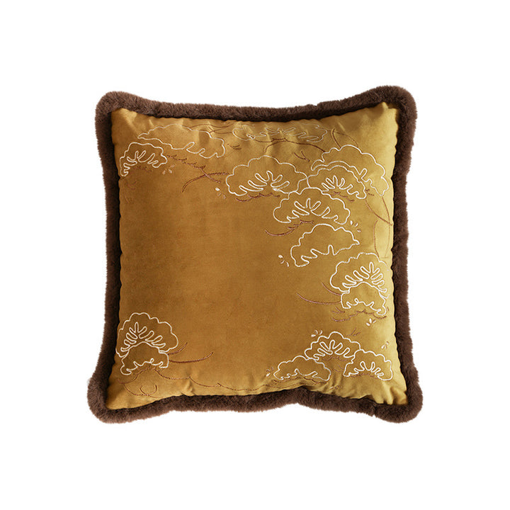 Square velvet cushion cover with intricate embroidery and faux fur trim Stornfield