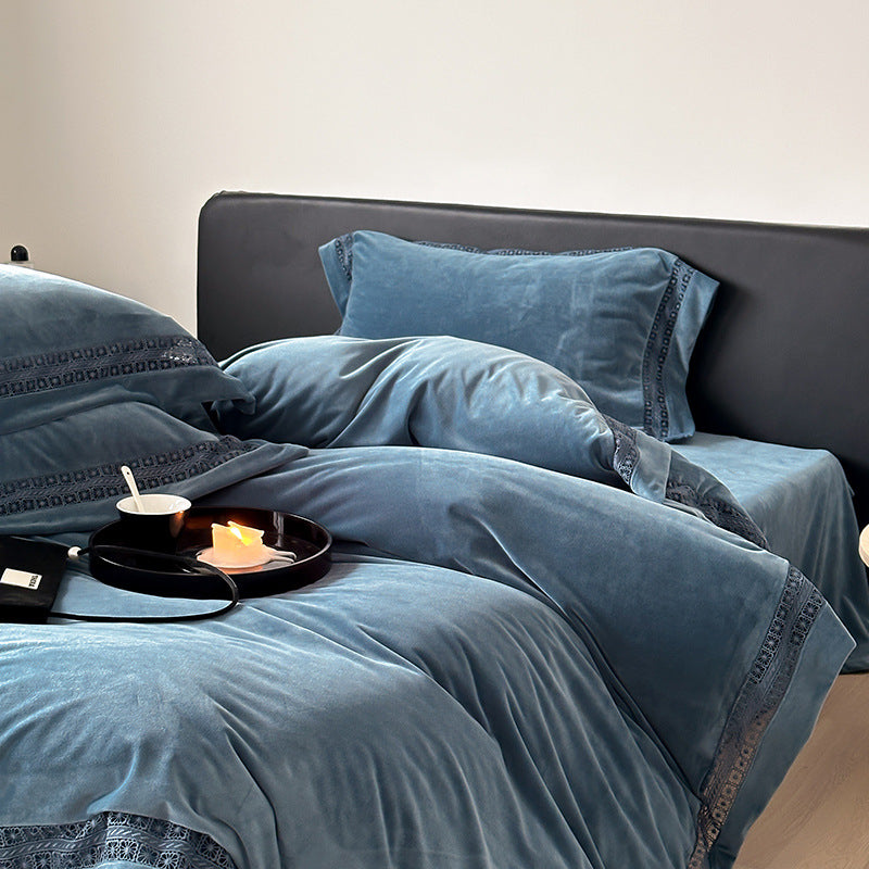 Luxury Brushed Velvet Duvet Cover Set with Lace-Inset Border