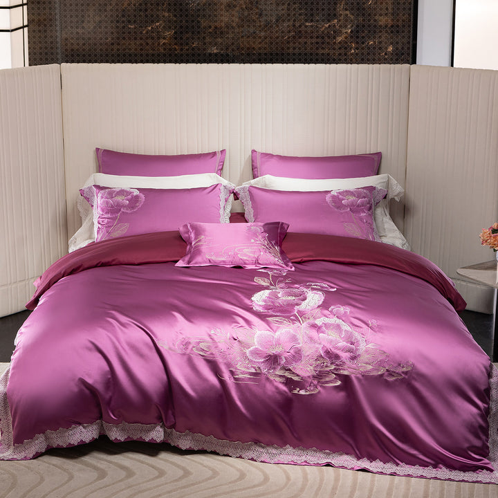 Satin Embroidered Floral Duvet Cover Set with Lace-Edged Pillow Shams