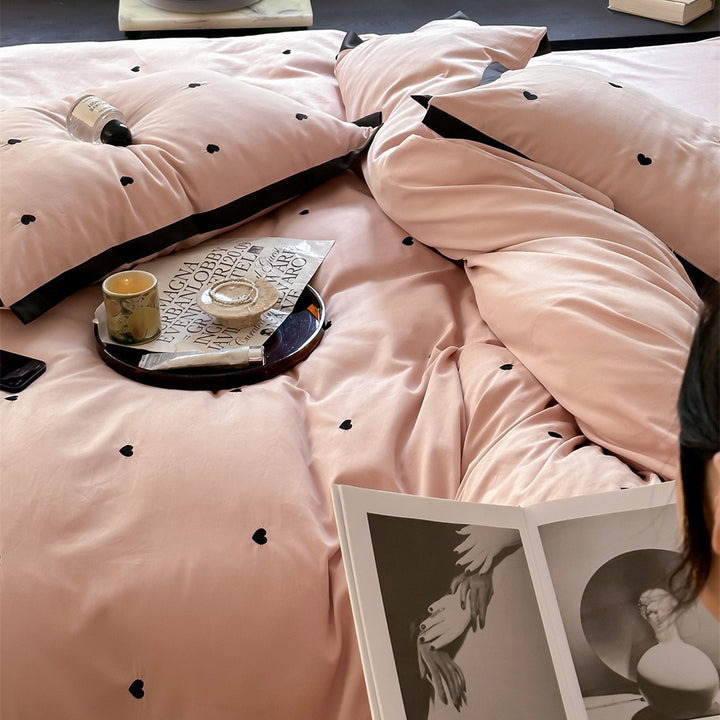 Heart-Embroidered Cotton Duvet Cover Set with Contrasting Border