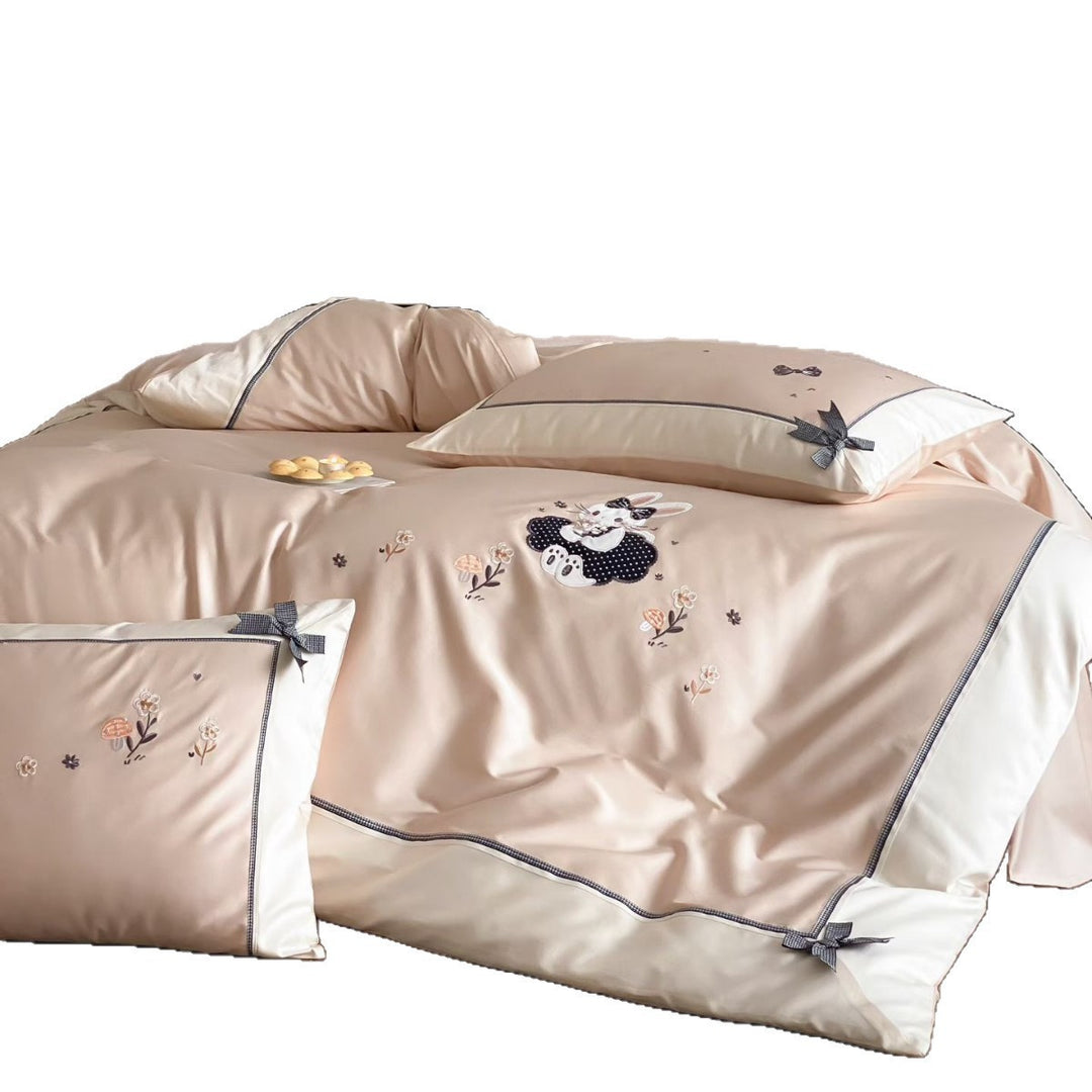 Children's Embroidered Bunny Appliqué Duvet Cover Set with Bow-Tie Corners