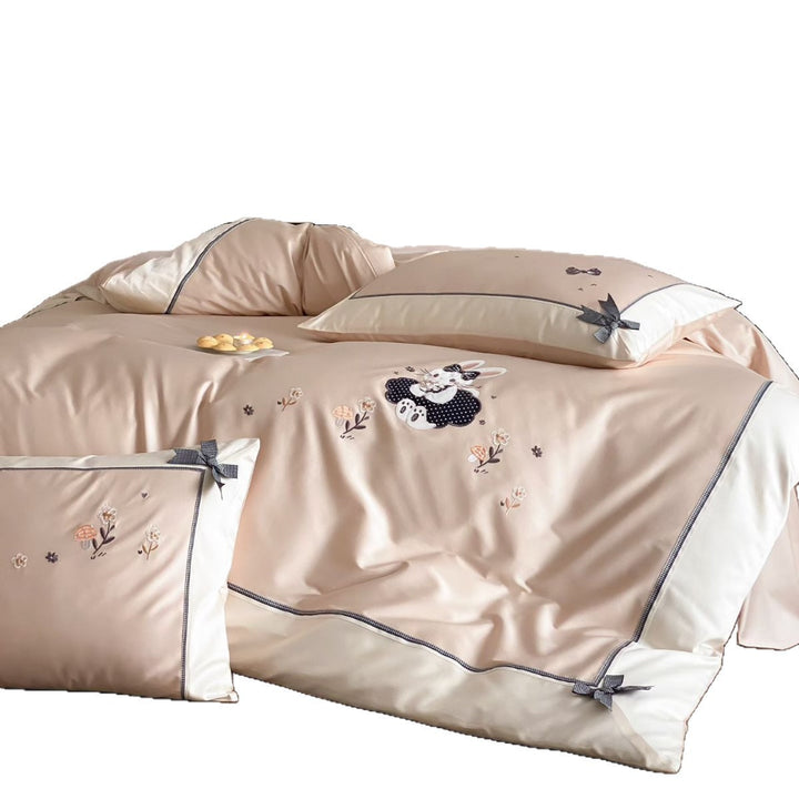 Children's Embroidered Bunny Appliqué Duvet Cover Set with Bow-Tie Corners