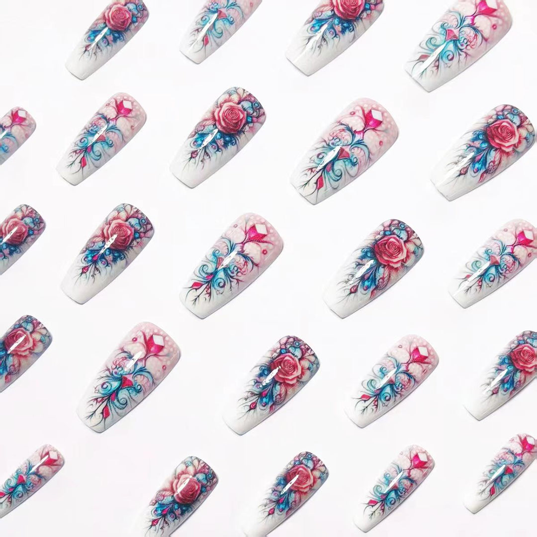 Elegant rose design artificial nails with glitter accents Stornfield