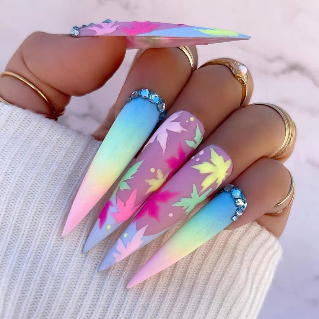 Floral Leaf-Designed Stiletto Press-On Nails Stornfield