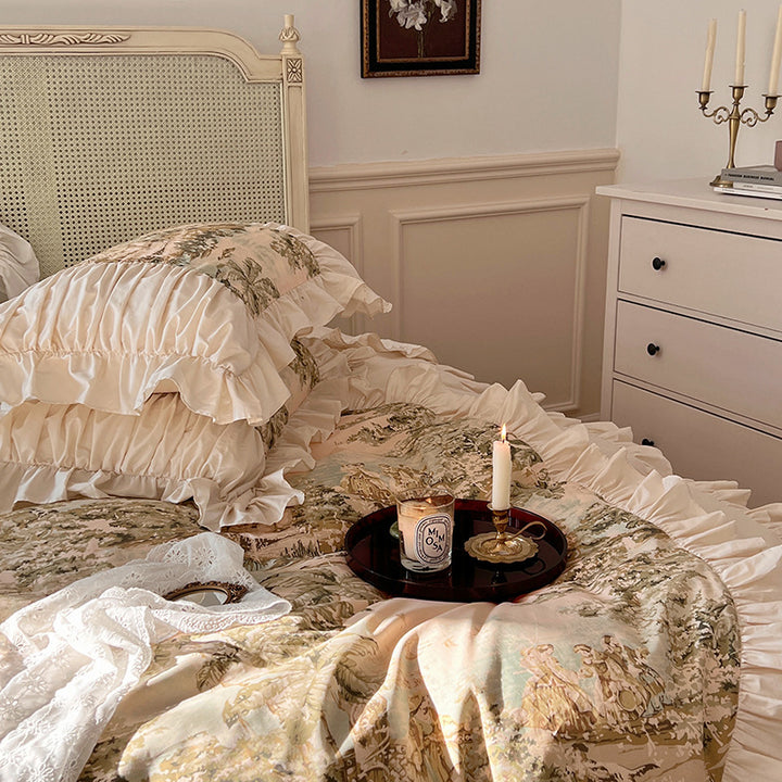 Romantic bedding set with ruffles and vintage toile print