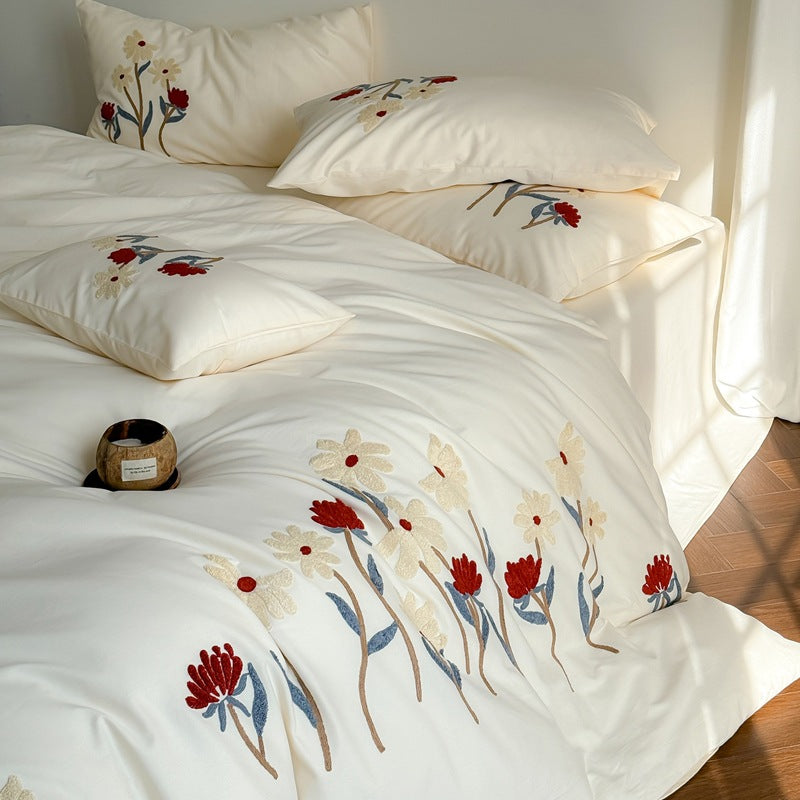Embroidered Botanical Cotton Percale Duvet Cover Set with Appliqué Flowers and Envelope Shams