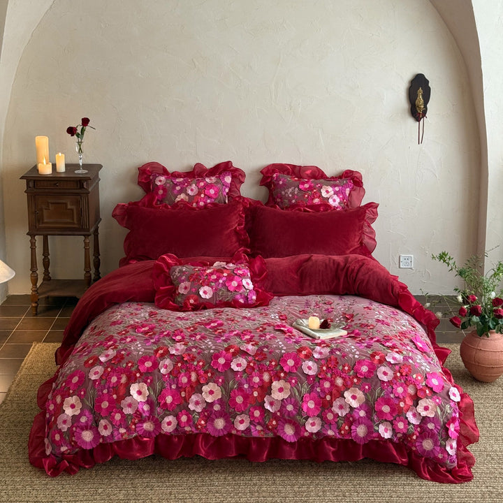 Embroidered Floral Organza Ruffle Duvet Cover Bedding Set