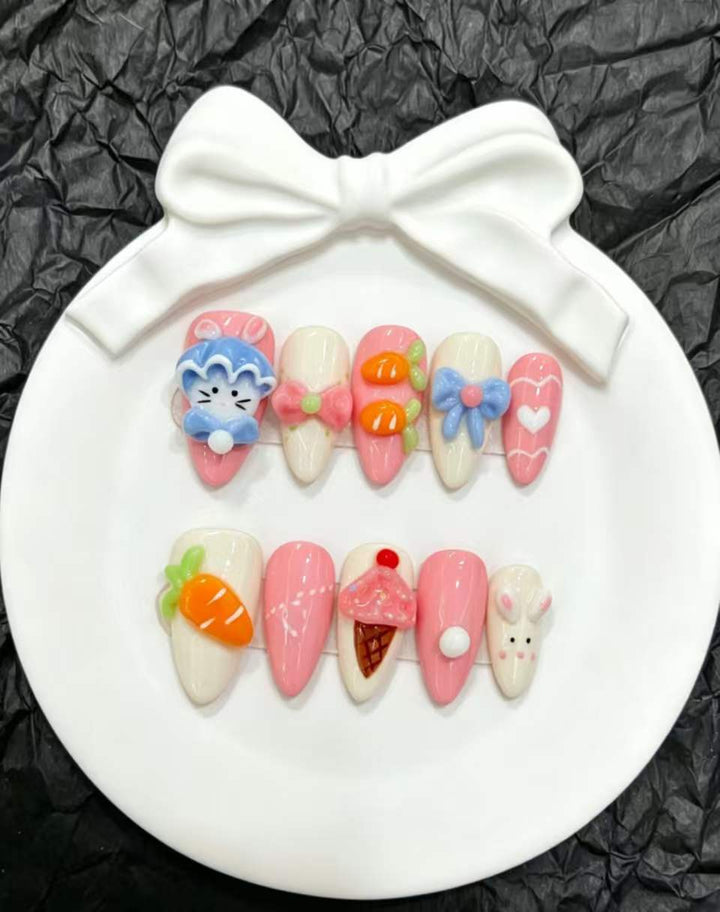Decorative Press-On Nail Art Set with Floral and Whimsical Designs