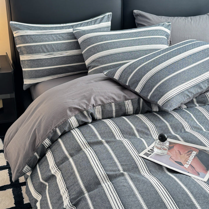 Striped cotton bedding set with washed finish, breathable percale & reversible function