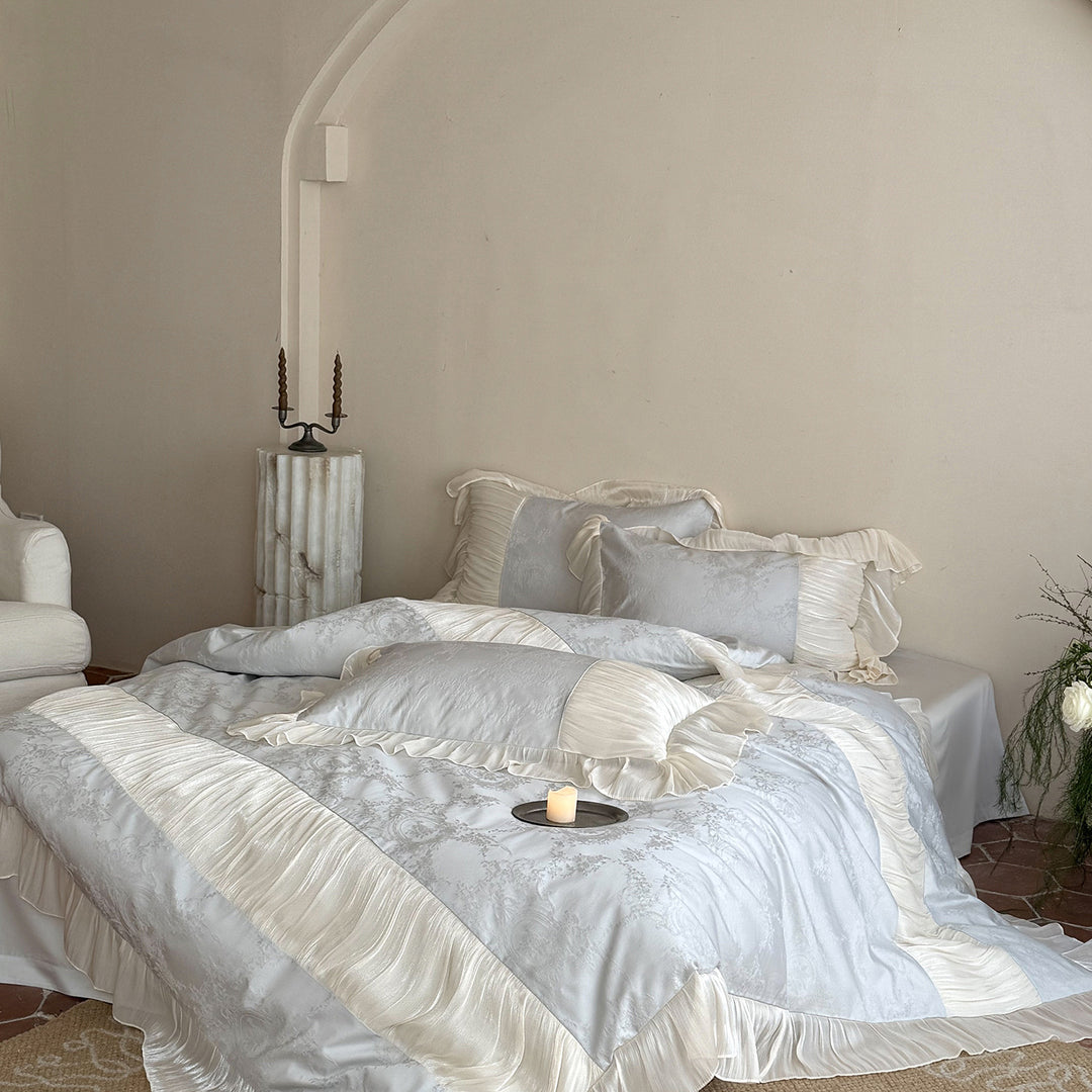 Ruffled Satin-Trim Jacquard Duvet Cover Set