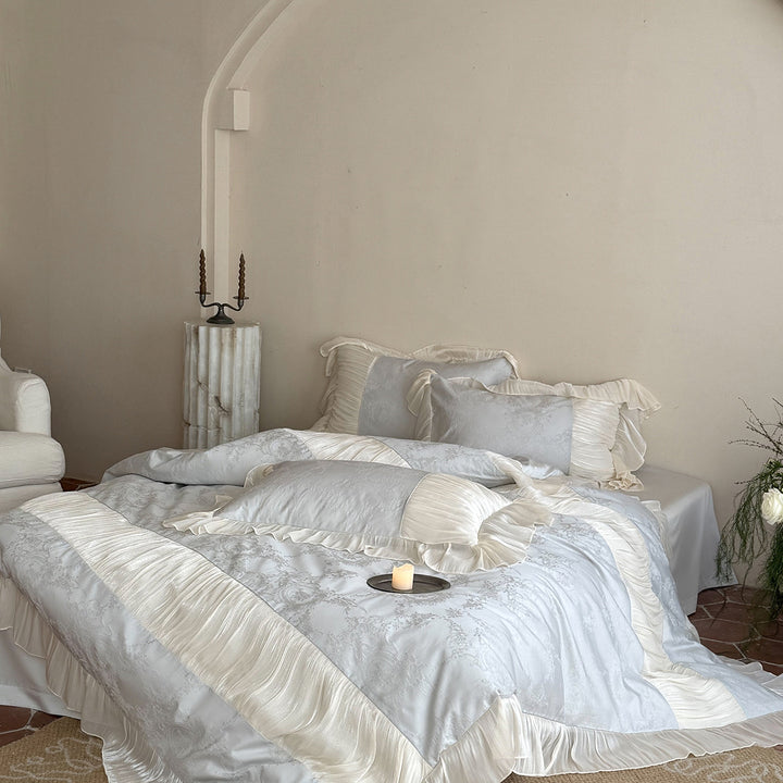 Ruffled Satin-Trim Jacquard Duvet Cover Set