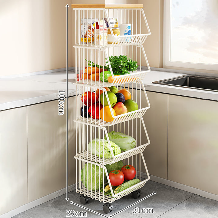 Countertop Wooden-Top Metal Wire Produce Storage Basket with Front-Tilt Access