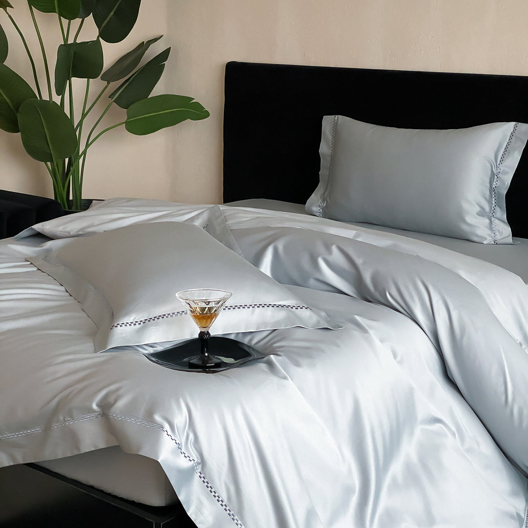 Premium Satin Bedding Set with fine hemstitch embroidery and silky smooth finish