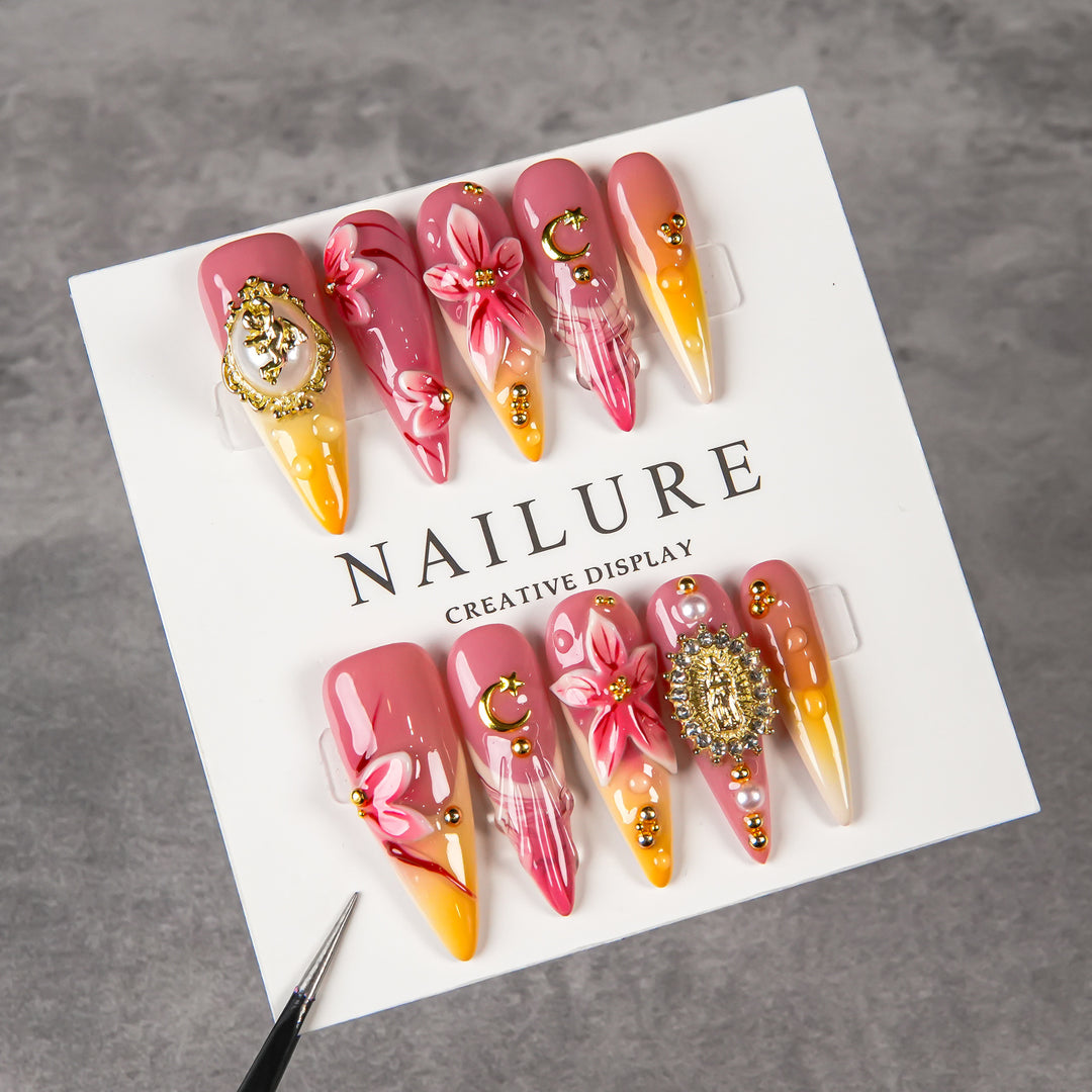 Artistic Stiletto Press-On Nail Set with Floral and Gem Accents