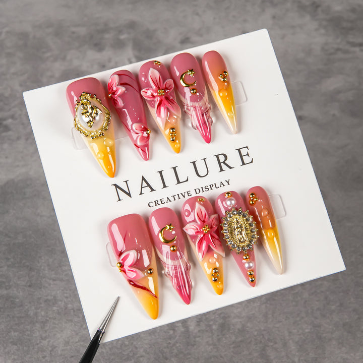 Artistic Stiletto Press-On Nail Set with Floral and Gem Accents