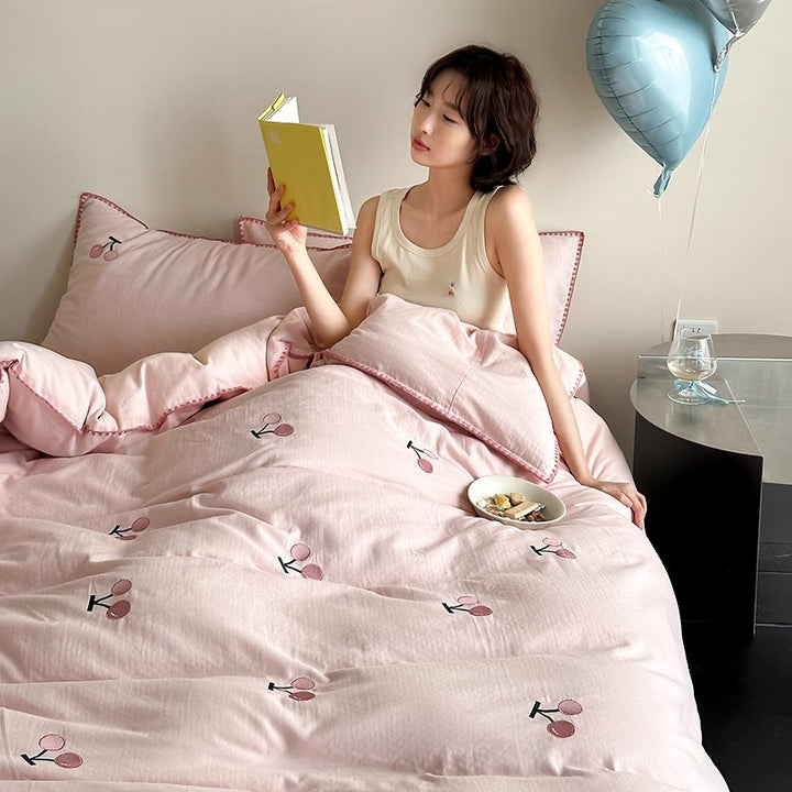 Cherry Embroidered Cotton-Linen Duvet Cover Bedding Set with Decorative Pillow Shams