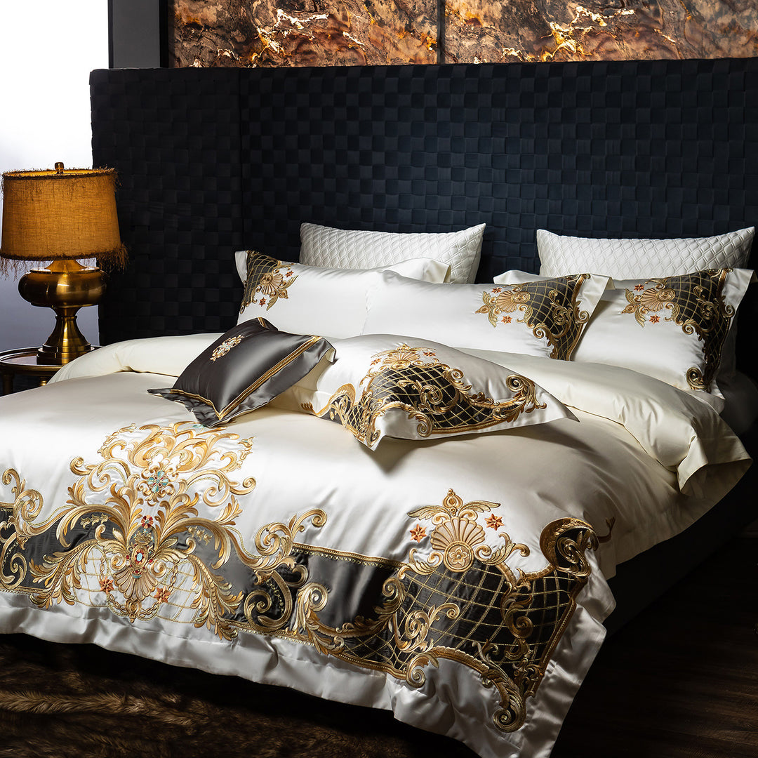 Luxury Embroidered Satin Duvet Cover Set with Decorative Pillow Shams