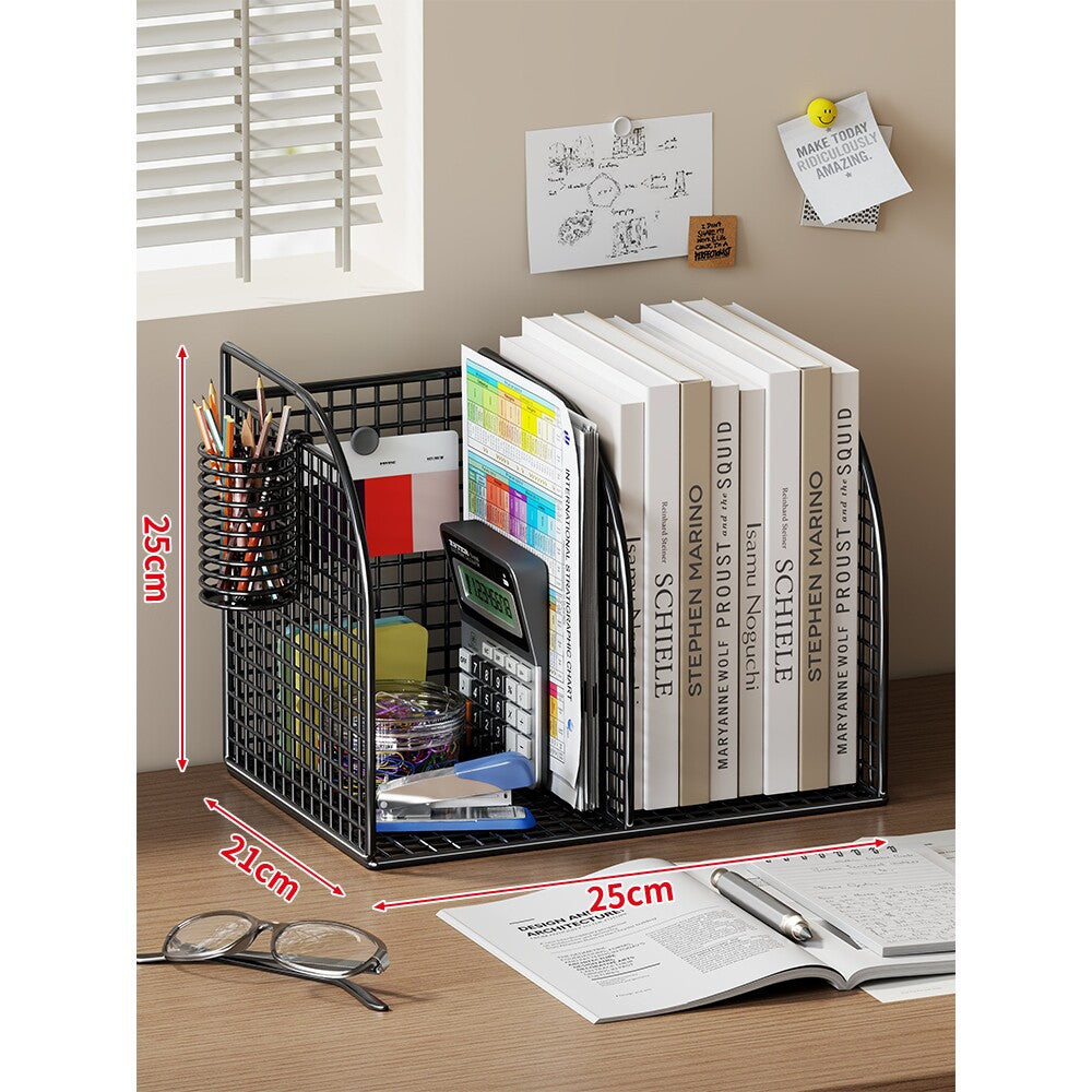 Long Multi-Slot Desktop File and Binder Organizer with Pen and Accessory Holder
