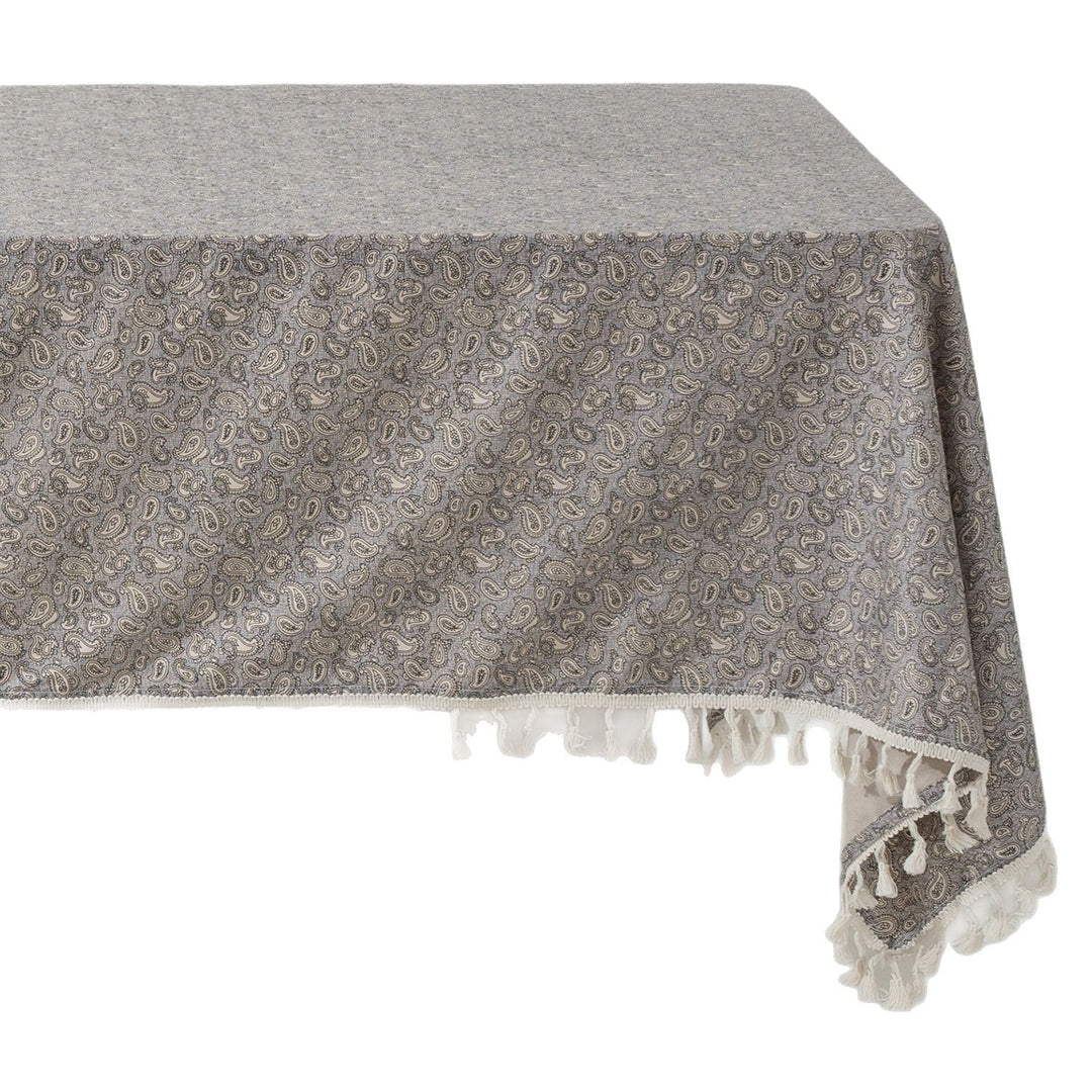 Rectangular tablecloth made of cotton-linen blend with delicate floral print and tassels
