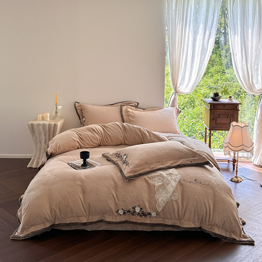 Luxury Embroidered Velvet Duvet Cover Set with Ruffle Skirt and Pillow Shams
