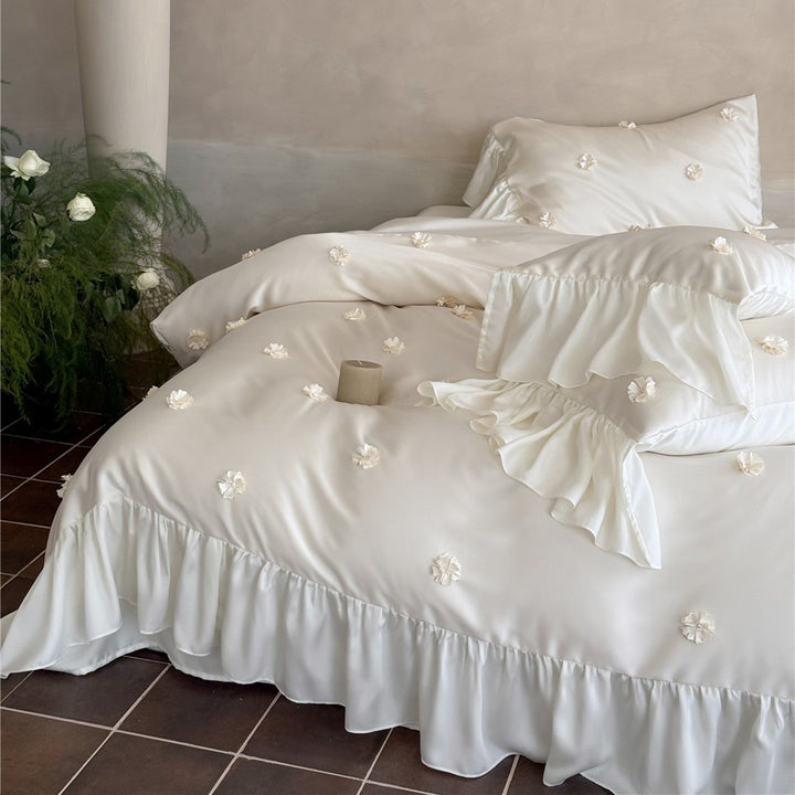 Ruffled Satin-Feel Floral Appliqué Duvet Cover Set with Decorative Shams