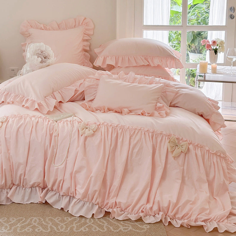 Ruffled Cotton Sateen Romantic Duvet Cover Ensemble with Gathered Skirt & Bow Accents