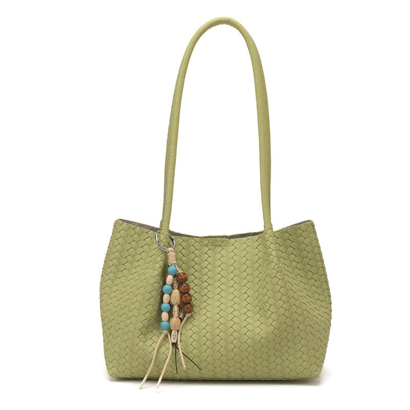 Woven Leather Tote Bag with Decorative Charms