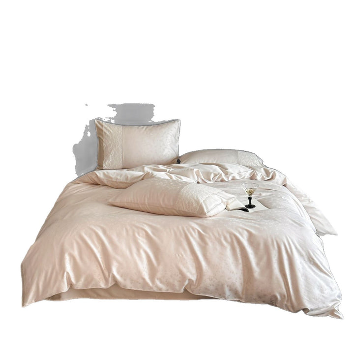 Satin bed set with subtle floral jacquard, reversible look and elegant piping seam